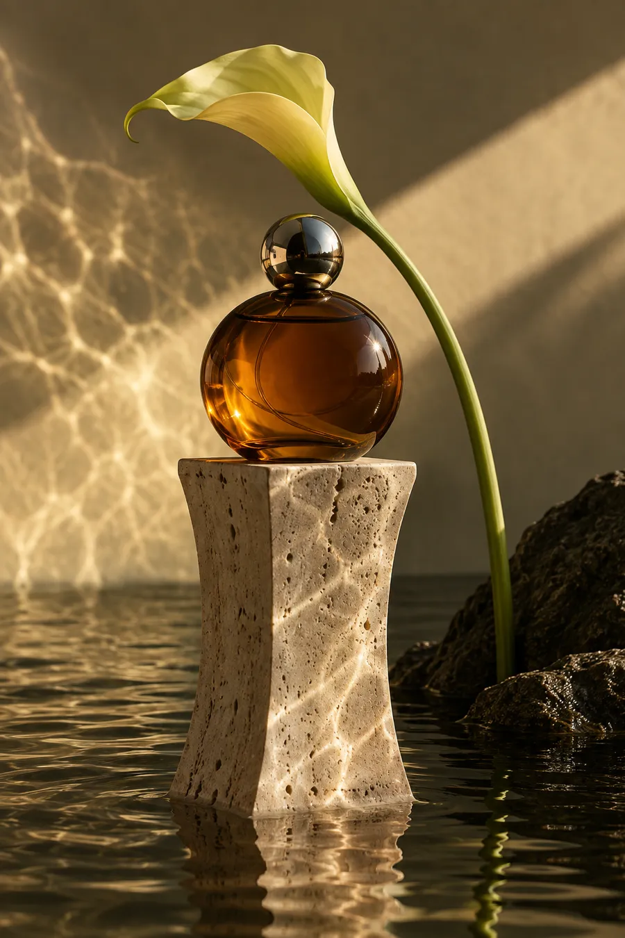 AI concept: amber perfume glass, a calla lily and rippling olive water